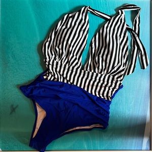 NWOT royal blue bottom and black and white striped top one piece swim size S